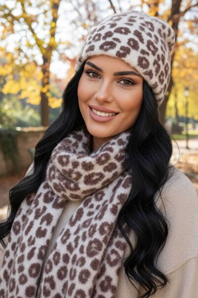 Trenderrs Women's Premium Leopard Patterned Scarf Beanie Set of 2