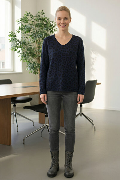 Chiccy Italian Navy Blue V-Neck Long Sleeve Leopard Print Slim Casual Ov Oversized Riko Blouse 64 54