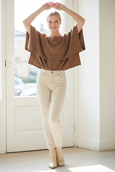 Chiccy Ιταλικό πουλόβερ από ακρυλικό πλεκτό με μανίκια με λαιμόκοψη καφέ γαλακτώδες 55 60