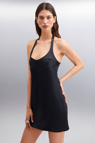 ETHIQUET EMELIN Kadın Saten Kumaşlı Göğüs Kuplu Mini Parti Stili Siyah Elbise