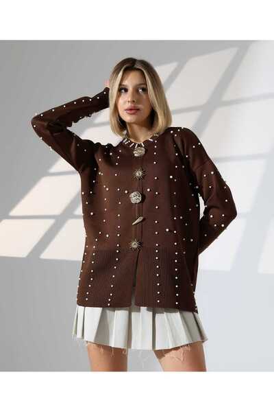 H&E LUXURY DESIGN Women's Stylish Big Button Pearl Pattern Women's Knitwear Slit Sweater