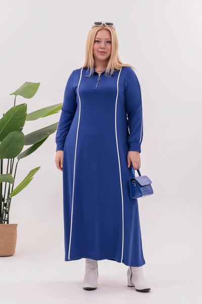 Siyezen Plus Size Striped Detail Polo Neck Dress