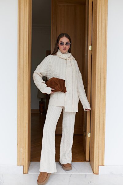 GALAVİP Women's Premium Soft Textured Scarf Hair Braided Knitwear Trouser Set