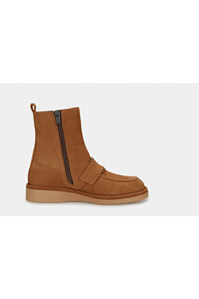 Shoebuo Women's Buckle Detailed Tan Genuine Leather Suede Boots