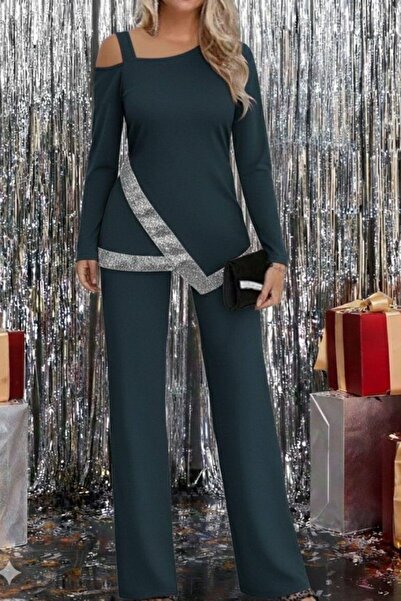 Mossta Asymmetrical Off-Shoulder Sequin Detailed Imported Crepe Blouse and Pants Two-Piece Set - Green