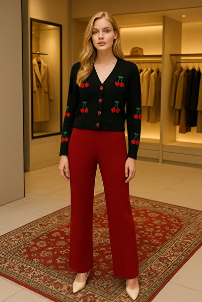 DAMGA Collection Women's Cherry Patterned Double Knitwear Set Bottom Top