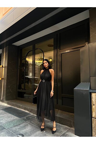 mass fashion Kadın Kemer Detaylı Uzun Tül Elbise