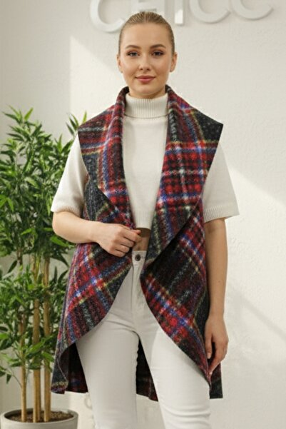 Chiccy Italian Black-Burgundy Shawl Collar Sleeveless Plaid Without Closure Thick Acrylic Long O Oversized Woven Vest 85 68