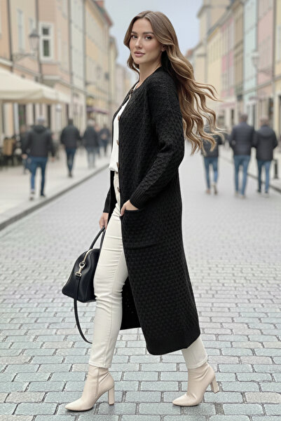 benguen Patterned Long Knit Cardigan with Pockets R4278 Black