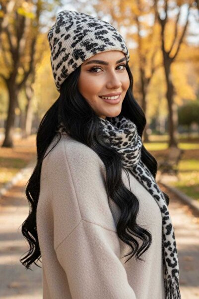 Trenderrs Women's Premium Leopard Patterned Scarf Beanie Set of 2