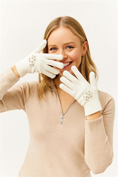 Neşeli Butik قفازات تريكو نسائية مطرزة بالحجر من إكرو NBAKS028