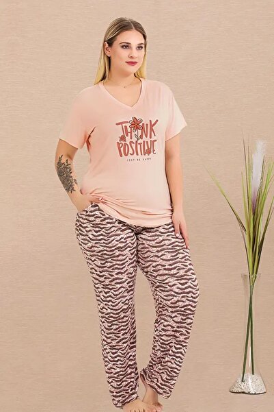 aynora طقم بيجامة نسائي كبير الحجم بأكمام قصيرة وطبعة مسحوقية