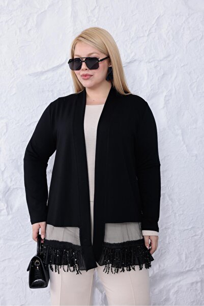 Siyezen Plus Size Hem Sequin Embroidered Tassel Cardigan