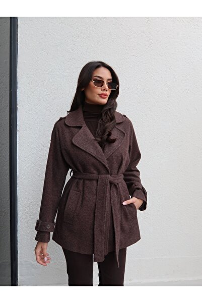 ESRAHELVACI Short Cashmere Coat with Sleeve Epaulettes and Tie