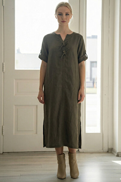 Chiccy Italian Khaki Buttoned 3/4 Sleeve Hidden Pocket Y Slit Slim Fi Corded Fabric Adife Long Woven Dress 120 55