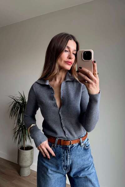 Sue Store Gray Button-Front Shirt Collar Sweater