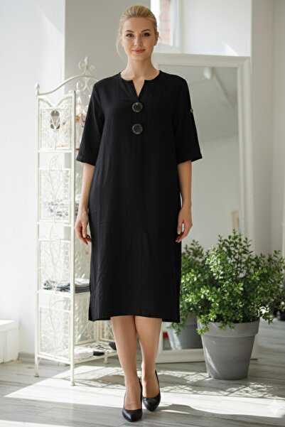 Chiccy Italian Black Buttoned 3/4 Sleeve Hidden Pocket Y Slit Slim Fi Corded Fabric Adife Long Woven Dress 120 55