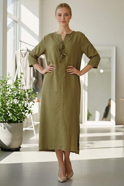 Chiccy Italian Mustard Color Buttoned 3/4 Sleeve Y Slit Slim Fi Corded Fabric Adife Long Woven Dress 120 55