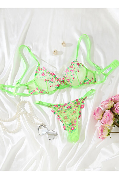 Sthxyfaith Womens 2 Piece Sexy Cute Underwire Push Up Strappy Heart Embroidered Mesh Sheer Lingerie Set