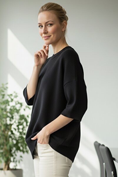 Chiccy Italian Black Crew Neck Short Sleeve Casual Acrylic Wide Cut O Oversized Knitwear Sweater 73 65