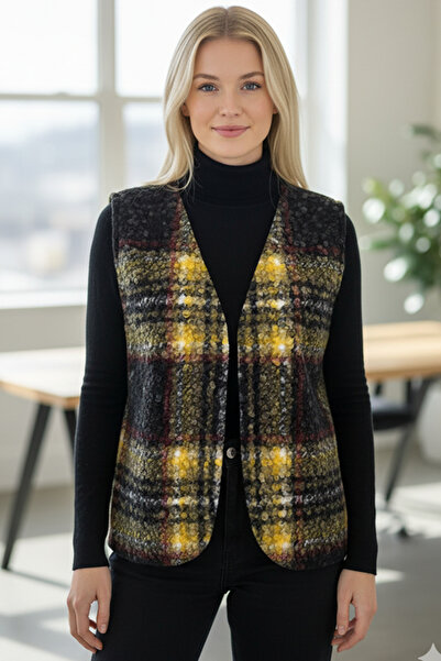 Chiccy Italian Black-Yellow V-Neck Sleeveless Plaid No Closure Thick Casual Acrylic Woven Vest 64 54