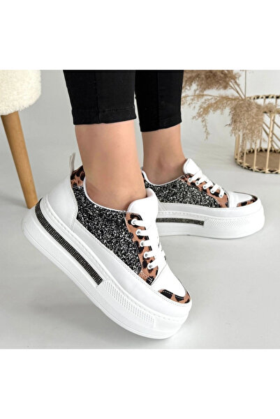 ALFA AKSESUAR 03 Lawin White Skin Black Glitter Lace-Up Sneakers