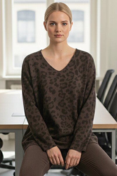 Chiccy Italian Brown V-Neck Long Sleeve Leopard Print Slim Casual Ov Oversized Riko Blouse 64 54