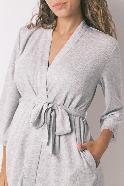 Perspective Women Secret Сірий мереживний візерунок, зав'язка, довжина до коліна, довгі рукави, бавовняний халат для вагітних