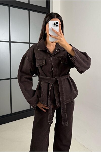 POP STORY Tied Denim Suit Oversized Jacket and High Waist Pants