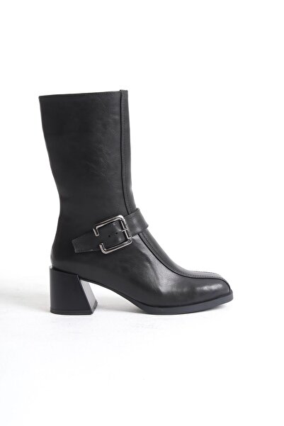 Redoxy Cizme de damă cu design special, negre, groase, cu toc mediu și detali...