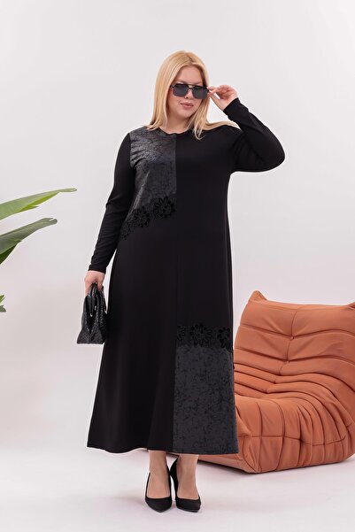 Siyezen Plus Size Leather-Look Floral Detailed Dress