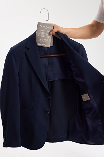 Frappoli Caserta Men's Navy Blue Polyviscose Fabric Monocollar Half-Lined Slimfit Suit with Pocket Pockets 2-Piece Suit