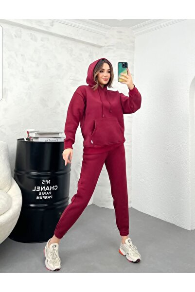 jeneric Burgundy Hooded Kangaroo Pocket Oversized Elastic Leg Women's Tracksuit Set with Fleece Inside