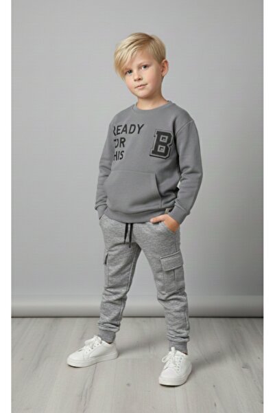 Çikoby Boy's Printed Sweatshirt with Elastic Waist, Cargo Pocket Piece Cashmere Trousers Set with Elastic Legs