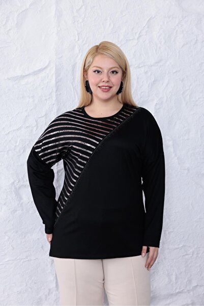 Siyezen Plus Size Silver Detailed Batwing Sleeve Blouse