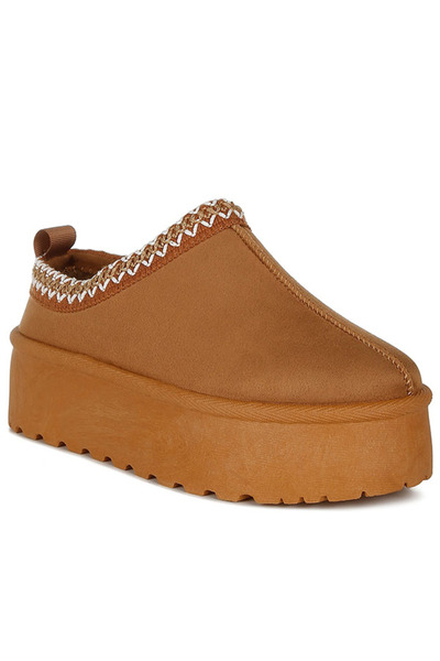 london Rag Women Tan Embroidered Platform Fur Classic Slip-On