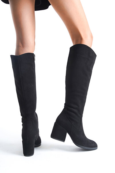 Redoxy Women's Special Design Oval Toe Thick Heeled Zippered Suede Boots