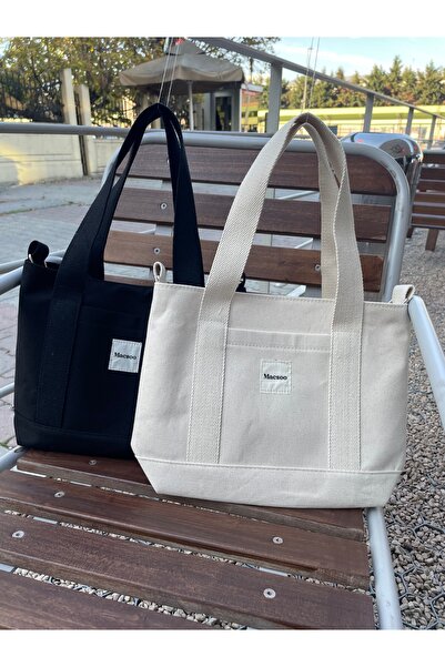 macsoo 2-Piece Black Cream Canvas Snap Bag with Adjustable Crossbody Strap Women's Hand and Shoulder Bag