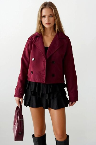 VAGGON Women's Burgundy Double-Breasted Short Trench Coat with Lining Inside the Collar Vs01185