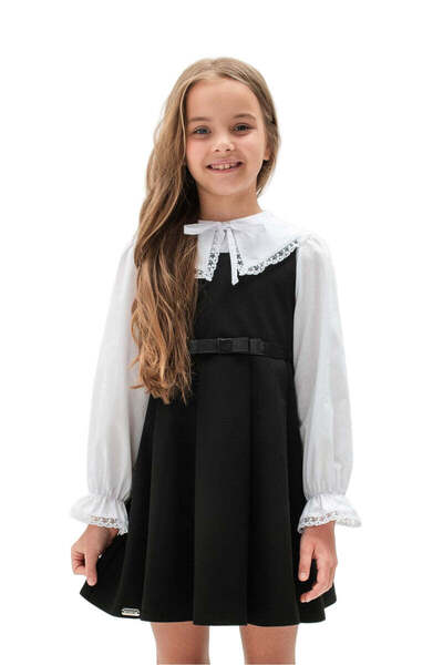 SOLLUXE NIARA – Woolen pinafore with elegant bow and pleated design, black, 128
