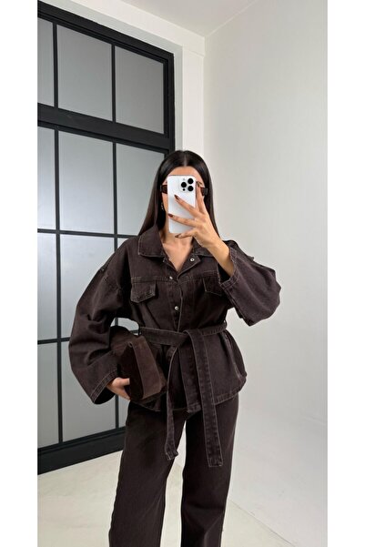 POP STORY Tied Denim Suit Oversized Jacket and High Waist Pants