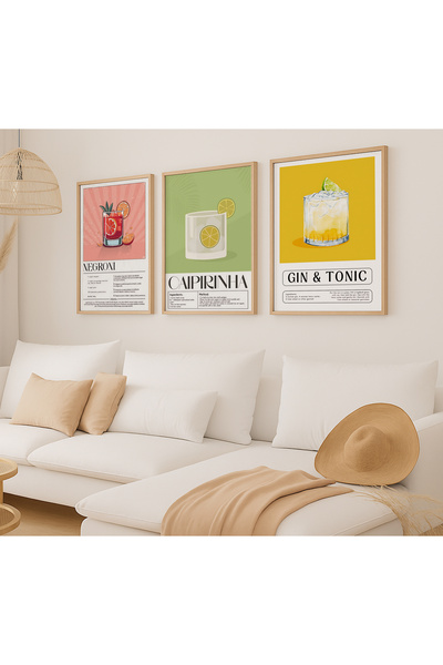 VOBA STORE 3 PARÇA KOKTEYL TEMALI ÇERÇEVE GÖRÜNÜMLÜ MDF TABLO SETİ 96-1 BEJ
