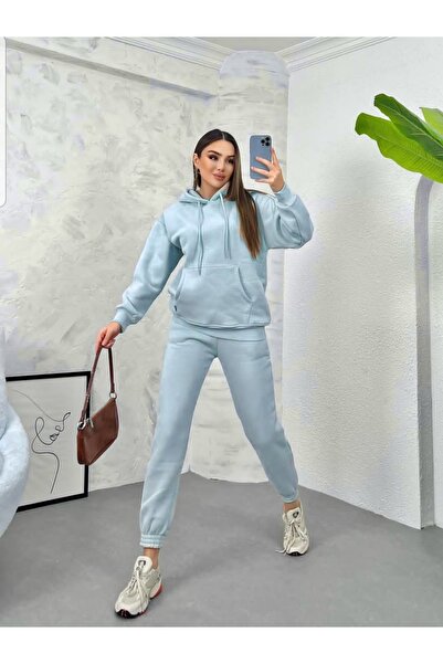 jeneric Bebe Blue Women's Tracksuit Set with Hooded Kangaroo Pockets and Oversized Elasticated Legs with Fleece Inside