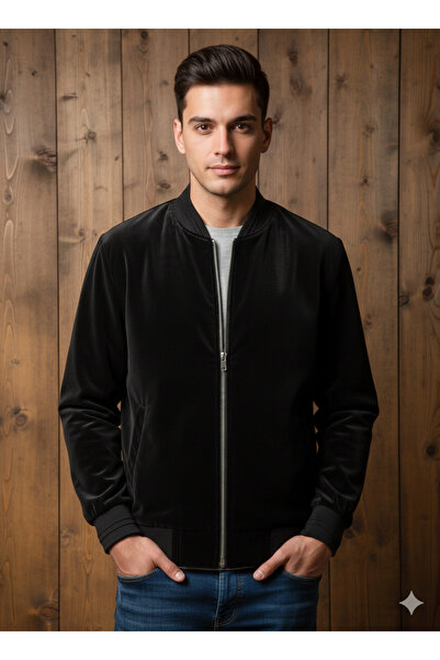 wishne Erkek Siyah Velvet Kumaş Bomber Ceket