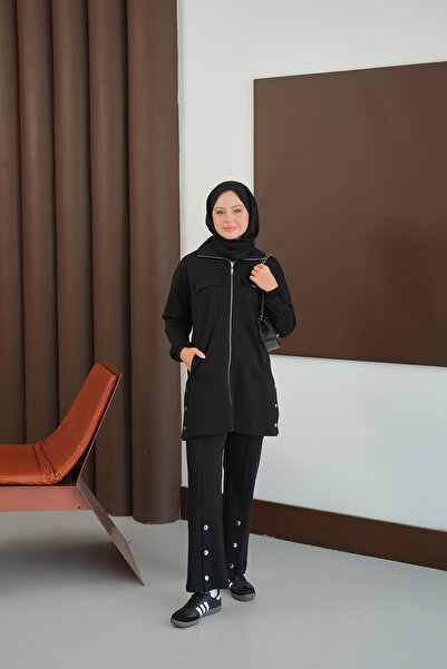 LOCCO Women's Side Snap Detail Zippered Suit Black