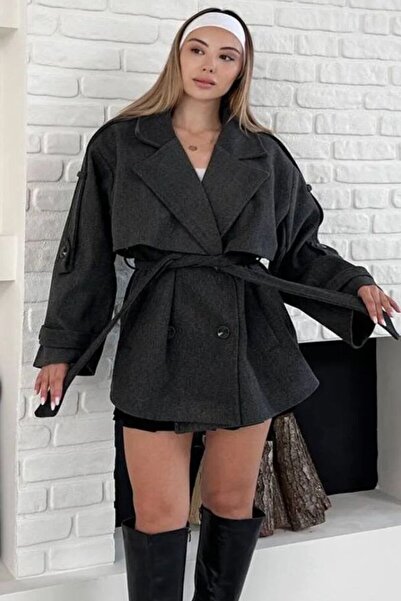 VAGGON Women's Anthracite Double-Breasted Collar Belted Cashmere Coat Vs01647
