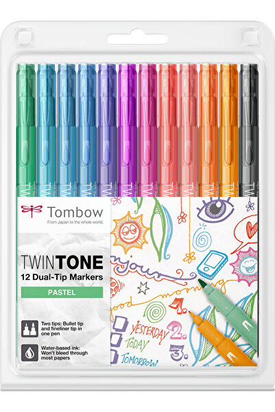 Tombow TwinTone Pastel Set 12 markere cu 2 varfuri, culori asortate