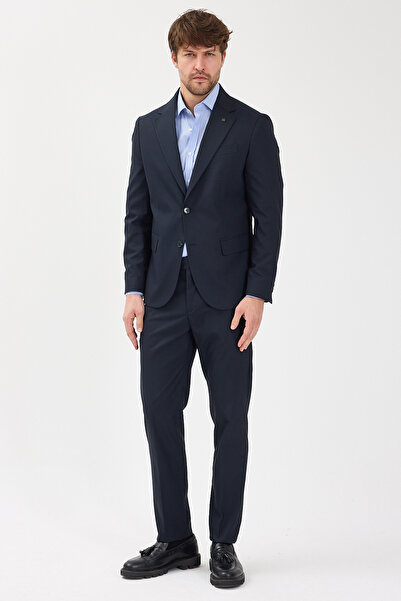 Frappoli Savin Men's Navy Blue Polyviscose Fabric Mono Collar Cover Pocket Half Lining Slim Fit 2-Piece Suit