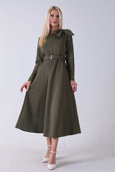 Feminist Omuz Fiyonk Detaylı Kemerli Bisiklet Yaka Scuba Tesettür Elbise Haki...