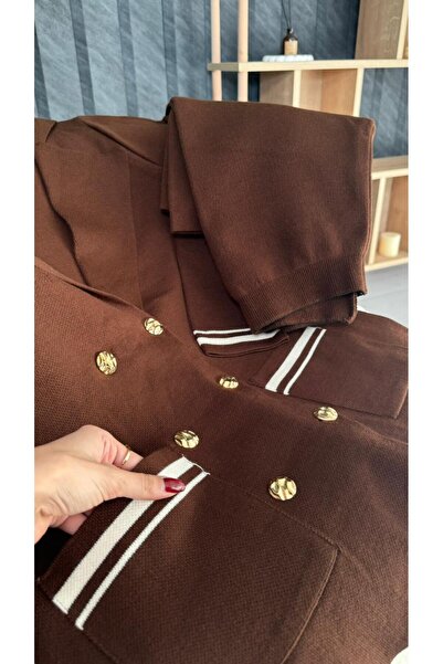 PUANT ATELIER Double Pocket Gold Button Detailed Knitwear Double-Breasted Blazer Set